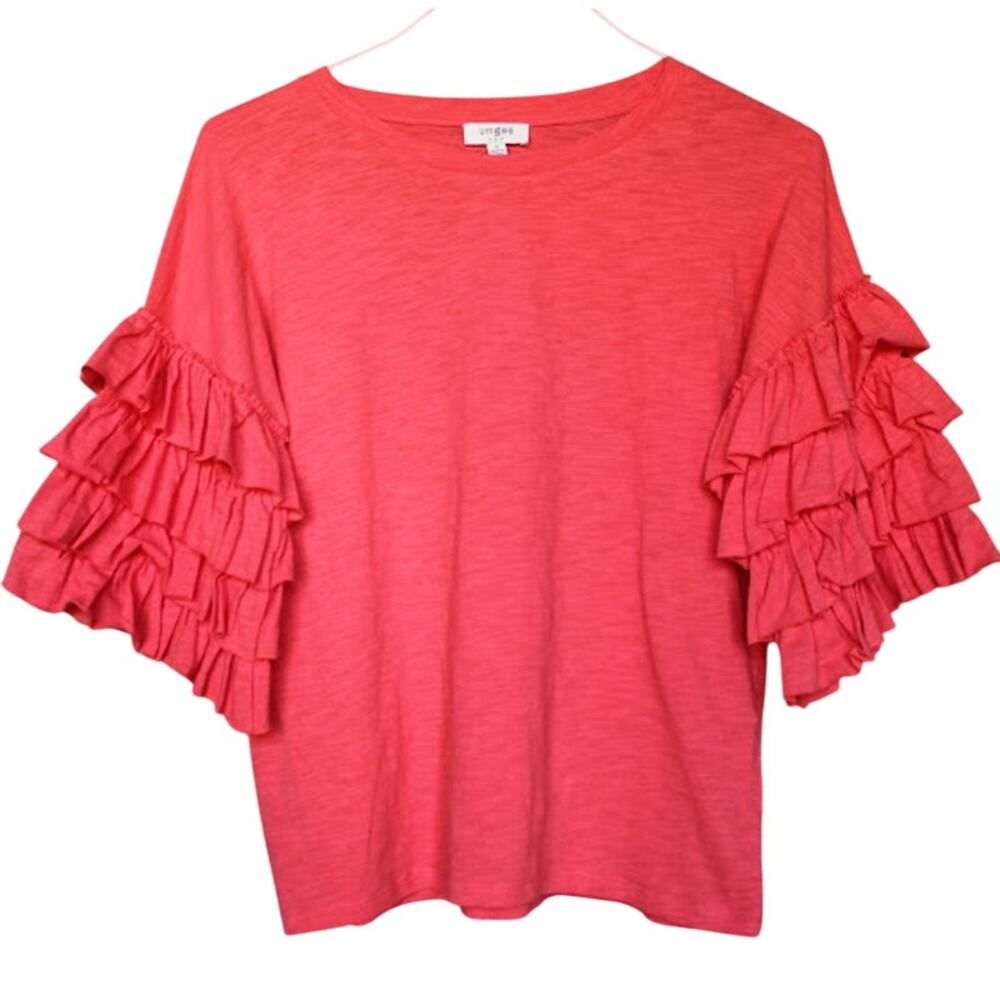 UMGEE | Coral Layered Ruffle 1/2 Sleeve 100% Slub Cotton T-Shirt Blouse Top S
